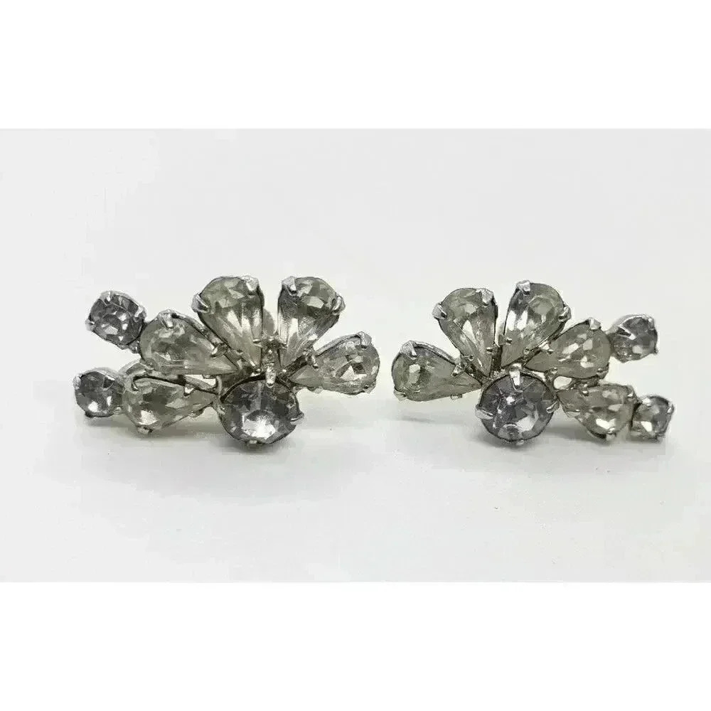 Vintage Earrings Clear Rhinestone Clip Clear Half Flower Star Bride Statement - Picture 9 of 10
